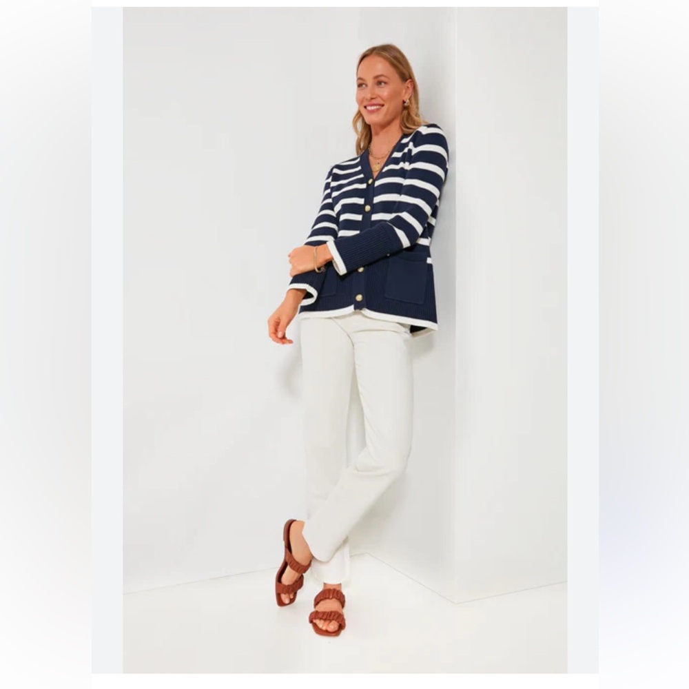 Tuckernuck - Navy & White Striped Kerry Long Cotton Cardigan S - Picture 8 of 9